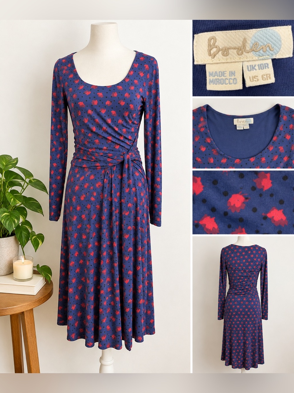 Boden Women’s US 6R UK 10R Blue Red Jersey Faux Wrap Midi Dress